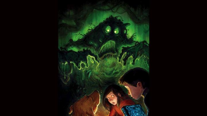 Illustration of a ghostly green monster and two children looking scared