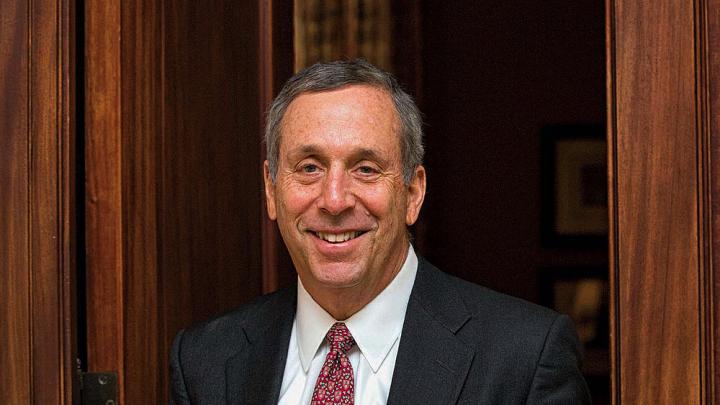 Photographic portrait of Harvard president Lawrence S. Bacow