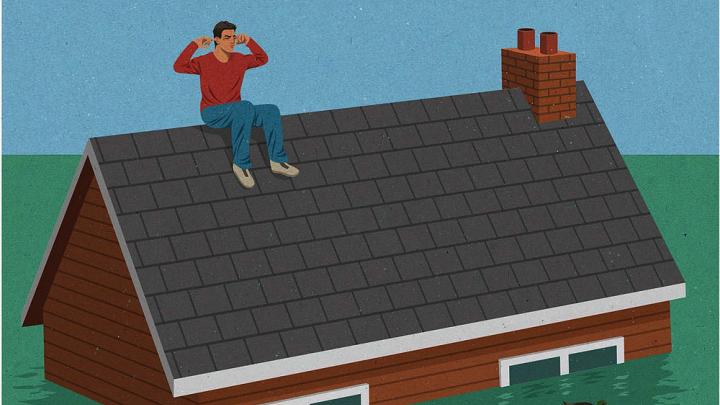 Illustration of a man plugging his ears on the roof of his house as floodwaters engulf the building