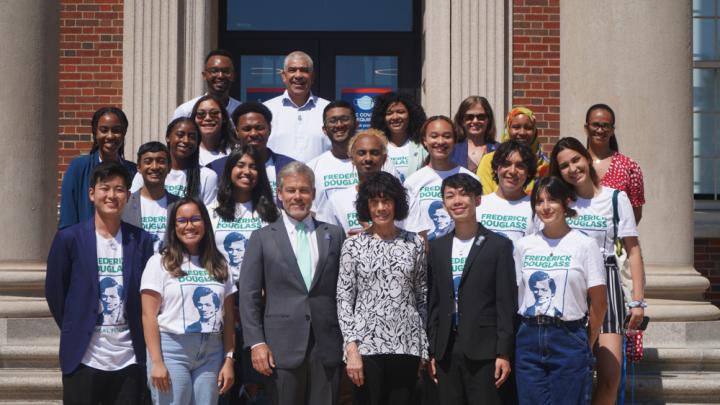 Photograph of the 2022 Frederick Douglass Fellows together with Nettie Washington Douglass and James Pellow.