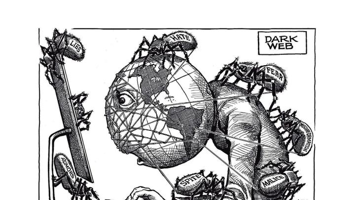 A black and white cartoon shows a computer-user, with Earth’s globe for a head, stares into a screen, while spiders labeled “hate,” “misinformation,” “fear,” and “lies” crawl across his body, wrapping him in their webs.