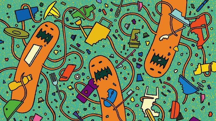 Fanciful illustration of plastic-eating microbes