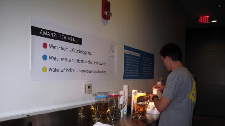 The "Amanzi" setup included regular water, iodine-flavored water, and honeybush-flavored iodine-treated water so testers could taste the flavor difference.