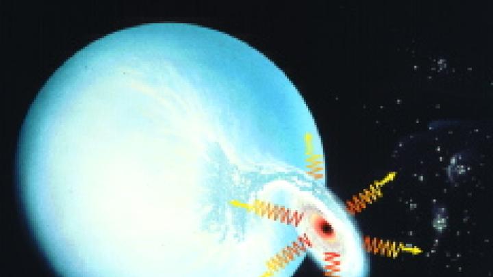 n this illustration of a binary system, the bluish-white sphere is a large hot star, in orbit with a black hole. Pulled by the black hole's gravitation, gases swirl off from the star and rotational momentum spins them into an "accretion disk," with the black hole at its center. Closer to the center, gravity's pull weakens the light, which therefore appears redder. The zig-zag arrows represent x-rays, which also get weaker (i.e., "redder") as they near the black hole.