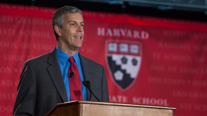 U.S. Secretary of Education Arne Duncan ’86 led off the day with a short address, followed by a dialogue with McCartney professor in education leadership Monica Higgins.