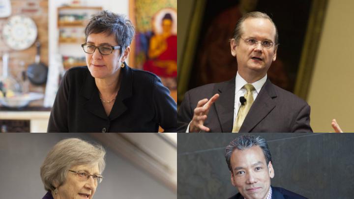 HILT conference participants: (top row) Melissa Franklin and Lawrence Lessig; (bottom row) Laurel Thatcher Ulrich and Robert Lue