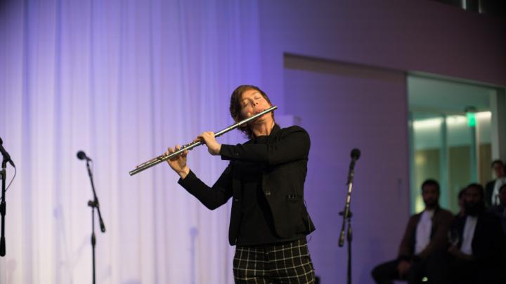 Music professor Claire Chase plays the flute. 