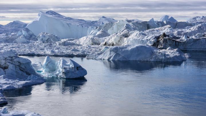 Icebergs at the end of the Ilulissat Icefjord, Disko Bay, western Greenland.