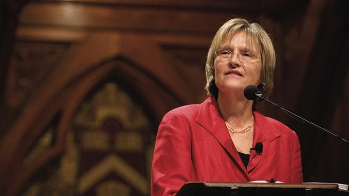 Drew Faust, speaking in Sanders Theatre on September 24