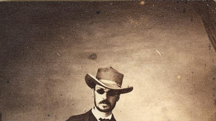 James wearing sunglasses in Brazil, 1865, after suffering a mild form of smallpox on an expedition with Louis Agassiz