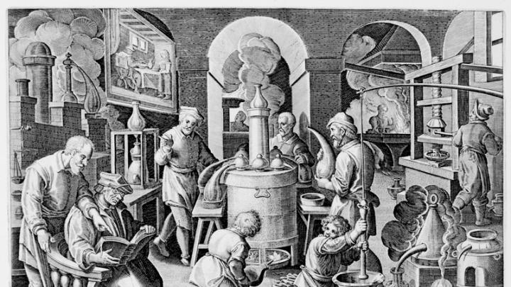 Unknown engraver, after Stradanus (Jan van der Straet), <i>Invention of Distillation,</i> from <i>Nova reperta</i> (New inventions and discoveries of modern times), c. 1599–1603. Engraving. 