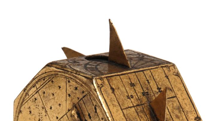 Image courtesy of the Museum of the History of Science, University of Oxford A polyhedral sundial of gilt brass, c. 1521–1530, attributed to Nicolaus Kratzer, part of the exhibit <Prints and the Pursuit of Knowledge in Early Modern Europe,</i> now on view at the Sackler Museum