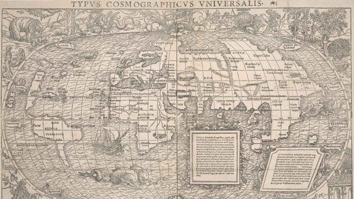Hans Holbein the younger and Sebastian Münster, <i>Universal cosmographic map, from A new globe of regions and islands unknown to the ancients,</i> 1532. Woodcut from two blocks and letterpress.