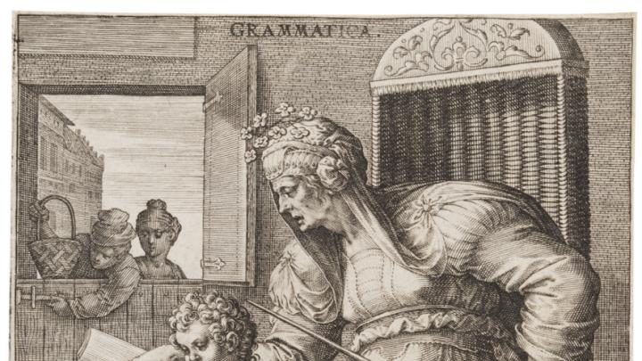 Department of Digital Imaging and Visual Resources, Harvard Art Museums, © 2011 President and Fellows of Harvard College Jan Sadeler I, after Maarten de Vos,<i> Grammar,</i> from the series <i>The Seven Liberal Arts,</i> after 1575. Engraving