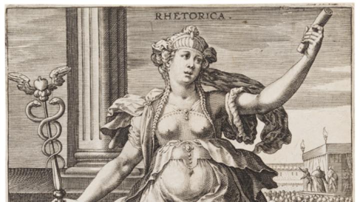 Image courtesy of Department of Digital Imaging and Visual Resources, Harvard Art Museums, © 2011 President and Fellows of Harvard College Jan Sadeler I, after Maarten de Vos,<i> Rhetoric,</i> from the series <i>The Seven Liberal Arts,</i> after 1575. Engraving
