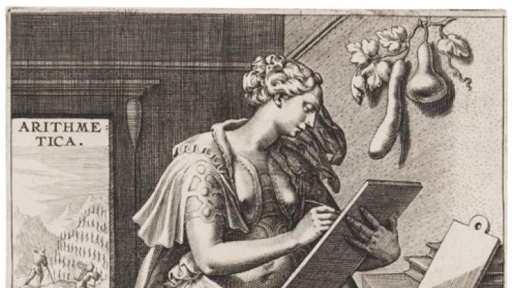 Department of Digital Imaging and Visual Resources, Harvard Art Museums, © 2011 President and Fellows of Harvard College Jan Sadeler I, after Maarten de Vos,<i> Arithmetic,</i> from the series <i>The Seven Liberal Arts,</i> after 1575. Engraving