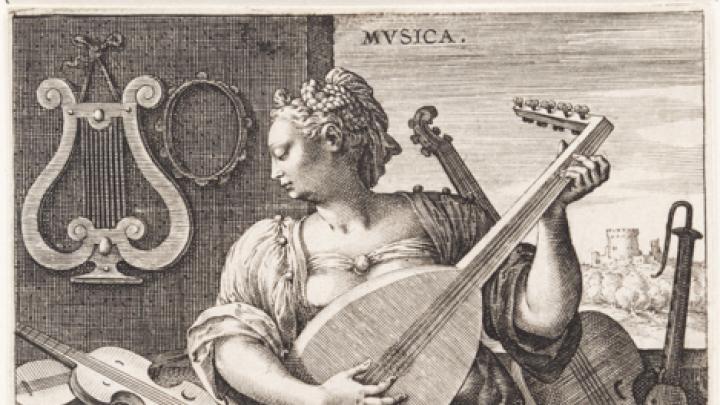 Jan Sadeler I, after Maarten de Vos,<i> Music,</i> from the series <i>The Seven Liberal Arts,</i> after 1575. Engraving