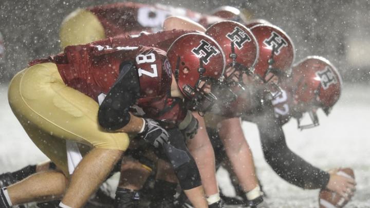 The Crimson's offensive line ruled the trenches. Harvard had to punt only once in the game.