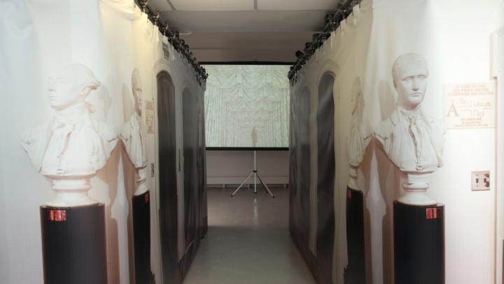 <i>Corridor,</i> a work from 2009, was created from dry-cleaning conveyors and vinyl. It is 15 x 10 x 7.5 feet in size.