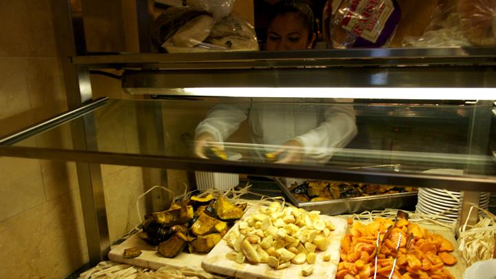 The undergraduate dining halls served selections from historical College menus. The "root cellar" offered turnips, carrots, parsnips, beets, squash, and onions.