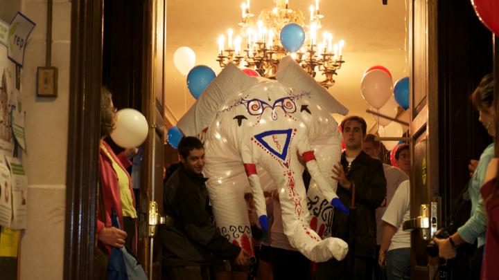 The elephant (lit from within to glow in the autumn night) was too large to fit through the House's main door, so its bearers had to take it through a back gate.