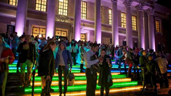 LED lights lined the steps of Widener Library, and the columns were individually illuminated.