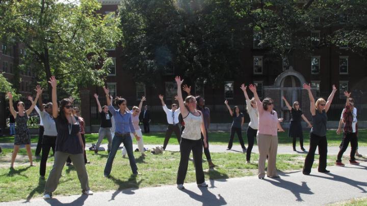 Dancers rehearse for performance as part of a "flash mob" in the University's 375th anniversary celebration on October 14.