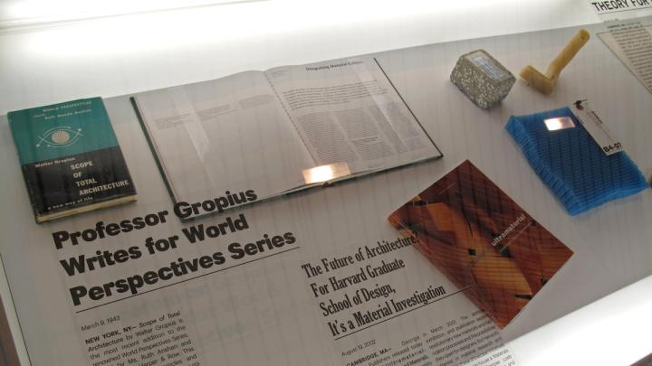 Blending the past and present was a key theme for this exhibition; above a 1943 book by former GSD dean Walter Gropius alongside a 2002 book by Architecture Department chair Toshiko Mori.