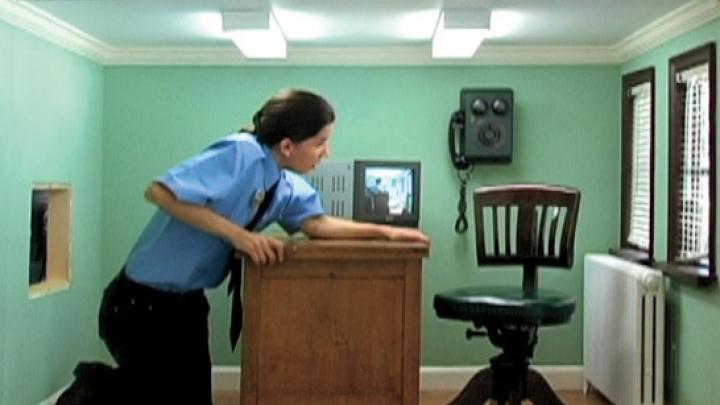 A scene from Meredith James’s video <i>Day Shift </i>, starring James herself