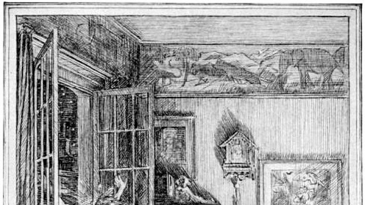 Illustration by F.D. Bedford for J.M. Barrie’s <i>Peter and Wendy.</i> As the children sleep, Peter crosses the sill in the glow of Tinker Bell’s light.