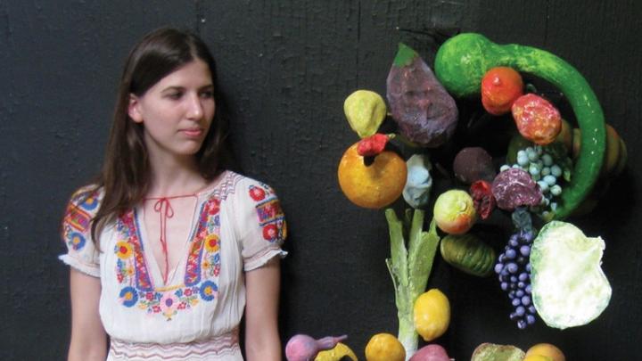 Meredith James in her studio, with props for a work in progress