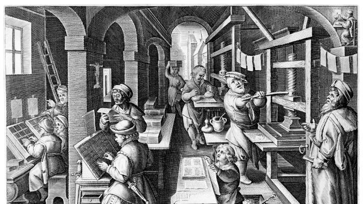 The <i>Invention of Book Printing</i> comes from <i>Nova Reperta</i> (New inventions and discoveries of modern times), by Stradanus (Jan van der Straet), the first such illustrated compendium of postclassical innovations (ca. 1599- 1603). The ability to print many copies of such works revolutionized communication of ideas in the sixteenth century.