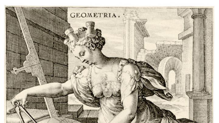 In <i>Geometry</i> (after 1575), from the series <i>The Seven Liberal Arts,</i> Jan Sadeler I used an allegorical figure to depict the use of geometry in fields such as navigation and architecture (represented by the crown of towers). 