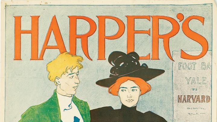 One of the earliest American football posters, done for <i>Harper’s</i> in 1894 by Edward Penfield. This example, in B+ condition, sold at a Swann Galleries auction August 3 in New York City for $1,320, including buyer’s premium. In 1894 Yale beat Harvard 12-4.