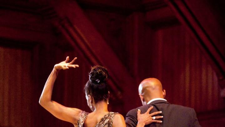 New York City dancers Karen Amatrading and Christopher Lockhart strut their stuff during a lecture by Wynton Marsalis at Sanders Theatre.
