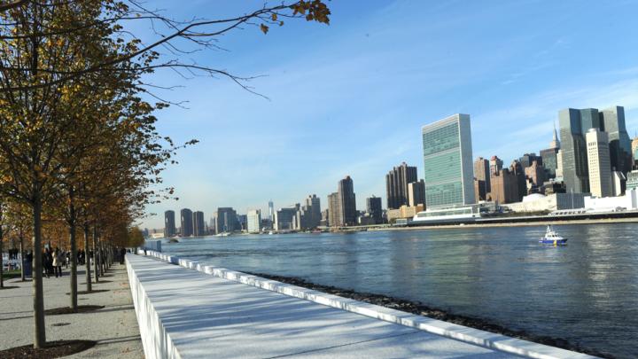The park affords views across the East River to the United Nations, 300 yards away, an institution for which Roosevelt laid much of the groundwork.