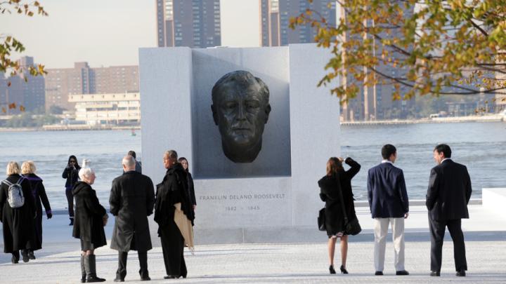 People gathered on the island on October 17 to officially open the Franklin D. Roosevelt Four Freedoms Park.