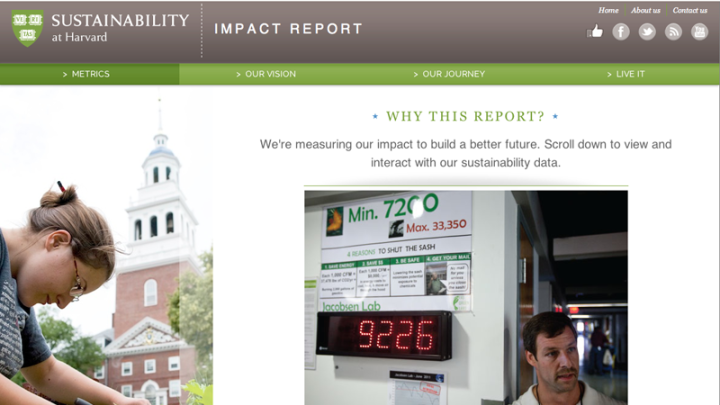 A screenshot from the web report on Harvard's sustainability practices
