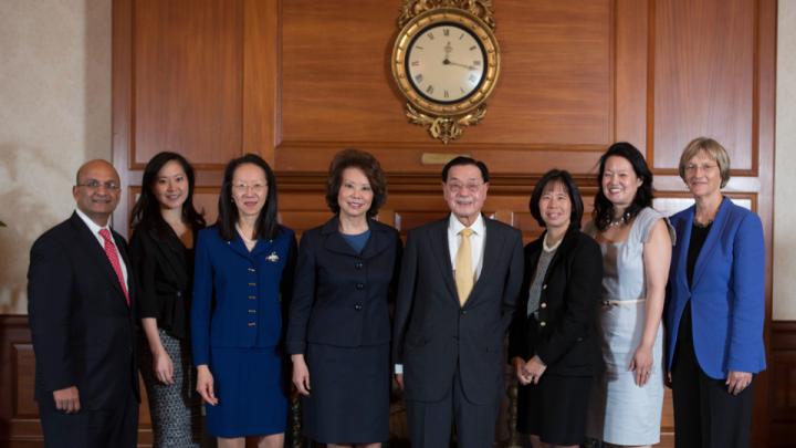 HBS Dean Nitin Nohria; Angela Chao, Deputy Chairman, Foremost Group; May Chao; Elaine L. Chao; Dr. James Si-Cheng Chao, Chairman, Foremost Group; Christine Chao; Grace Chao; and President Drew Faust