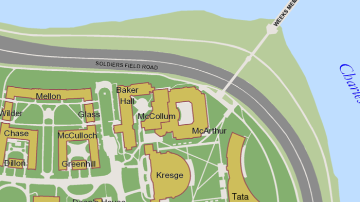 HBS's campus map, highlighting the executive-education precinct 