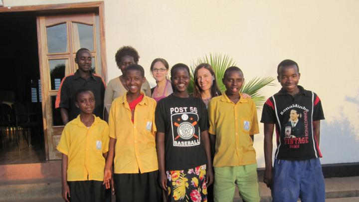 Theresa Betancourt with members of the youth advisory board for her family-strengthening intervention project in southern Kayonza District, Rwanda