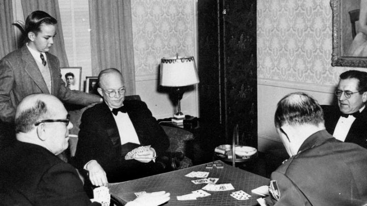 Ike, in a photo likely taken in the late 1940s when he was Army Chief of Staff, playing bridge with General Alfred Gruenther and others 