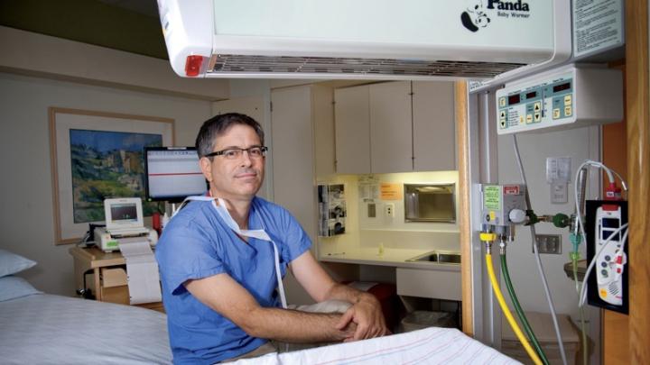 Jeffrey Ecker in a birthing room at Massachusetts General Hospital 