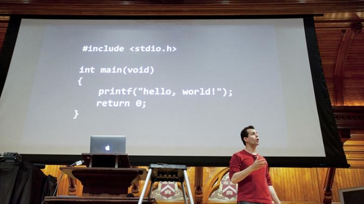 David J. Malan in Sanders Theatre, teaching the wildly popular Computer Science 50 