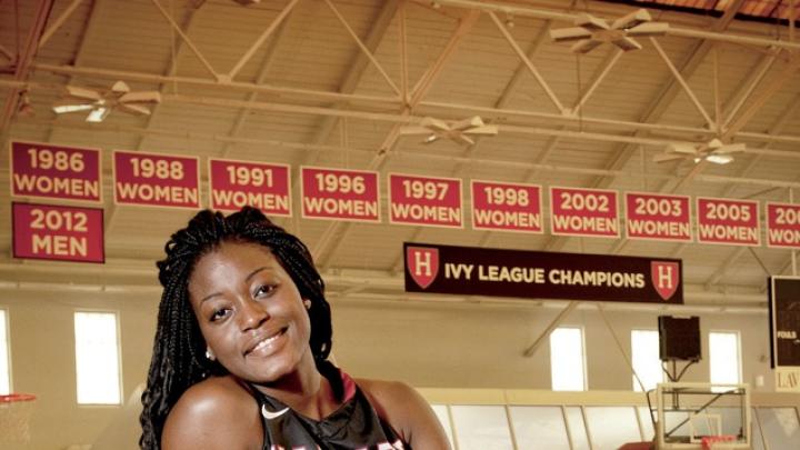 Olympian and Harvard sophomore Temi Fagbenle at Lavietes Pavilion, where women's basketball Ivy championship banners hang in profusion 