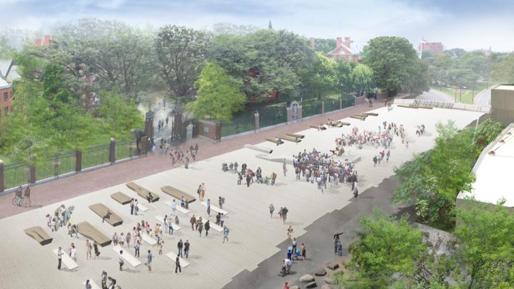 2. The new plaza surface, shown here looking toward Harvard Yard and Holworthy, supports fixed benches of various shapes and sizes. There will also be flexible seating, shaded spaces under new plantings on the north and south edges, and provisions for temporary event and performance structures.