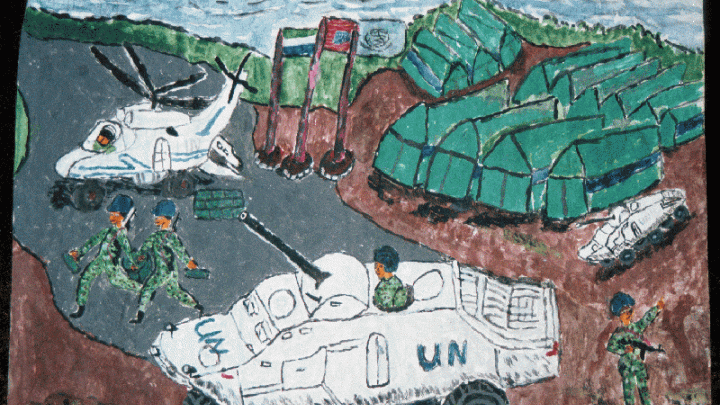 A painting by a former child soldier in Sierra Leone, showing United Nations peacekeepers arriving to bolster security at the end of the country's 11-year civil war. Betancourt photographed these drawings during meetings with children in an interim care center in Sierra Leone.