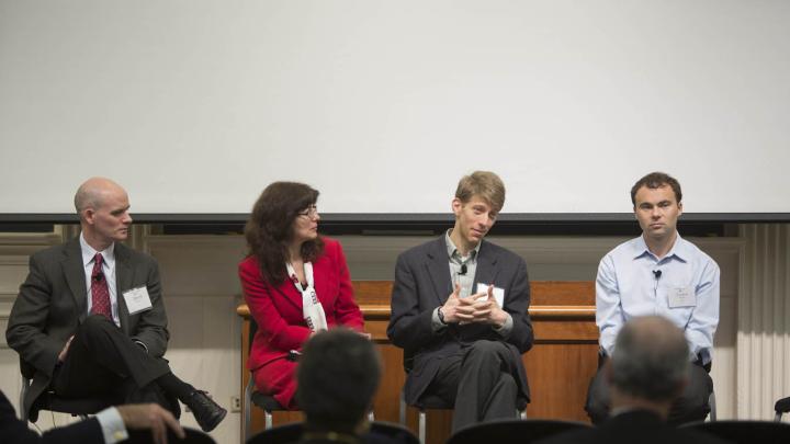 At the “Discovering Solutions” panel (from left): David Mooney, Joanna Aizenberg, Adam Cohen, and Conor Walsh