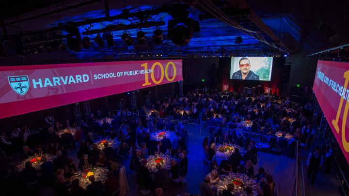 A recorded message from U2 lead vocalist Bono began the HSPH Centennial Gala.