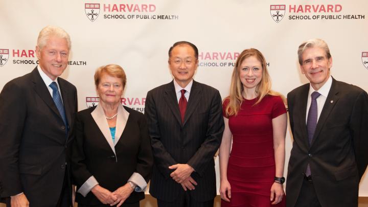 HSPH dean Julio Frenk (at right) with the school’s Centennial Medalists, Bill Clinton, Gro Harlem Brundtland, and Jim Yong Kim, and Chelsea Clinton, who received the inaugural HSPH Next Generation Award